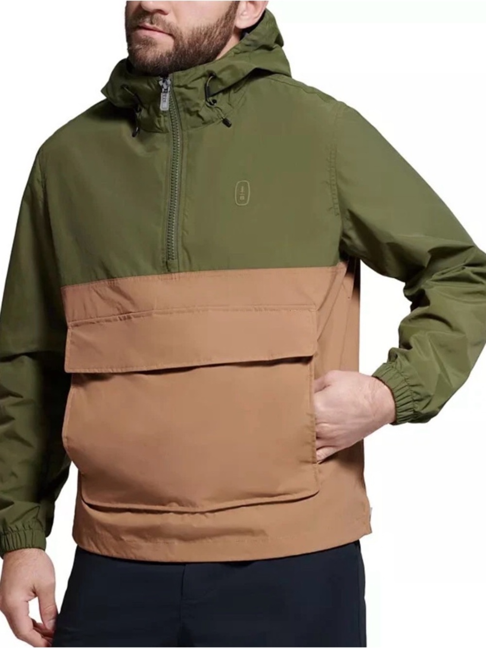 BASS OUTDOOR Men's Packable Anorak Jacket Windbreaker Rain gear Green Brown L
